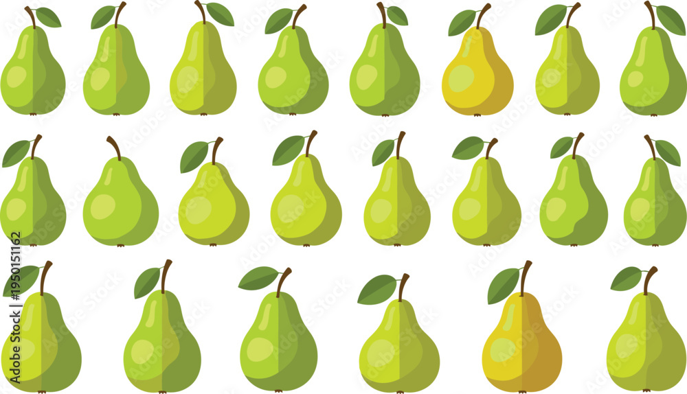 Obraz premium Green pear fruit collection with different shapes and shades. Fresh organic pears icon set for healthy food, grocery, dessert and natural fruit design.