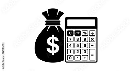 This vector image of a money bag and calculator symbolizes financial planning, budget management, savings growth, and the professional calculation of investment returns.