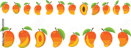 Mango fruit collection with whole mangoes and sliced pieces. Fresh tropical mango illustrations set for summer fruit, dessert, smoothie and healthy food design.