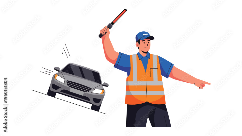 Fototapeta premium Traffic Controller Directing Vehicle: A diligent traffic controller, clad in a safety vest and cap, skillfully directs a car with a clear signal, ensuring smooth and safe traffic flow.