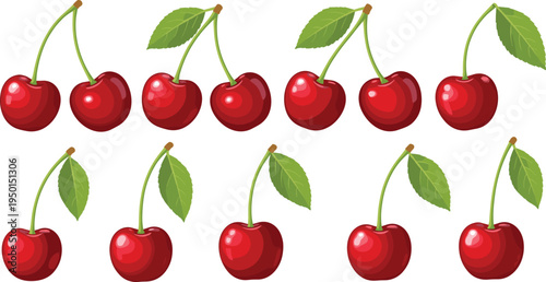 Red cherry fruit icon collection with green leaves and stems. Fresh sweet cherries illustration set for dessert, grocery, summer fruit and healthy food design.