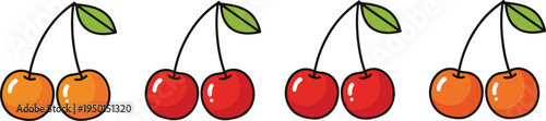 Cute cherry fruit icons in red and orange colors. Sweet glossy cherries with leaf stems. Simple cartoon fruit set for dessert, kids design and food graphics.