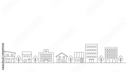 街並みのイラストのバナー背景　手描き風線画　横長　16:9