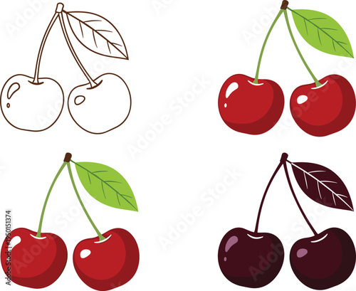 Cherry fruit illustration set with outline and color styles. Fresh red sweet cherries icons with leaves for organic food, dessert, grocery and summer fruit design.