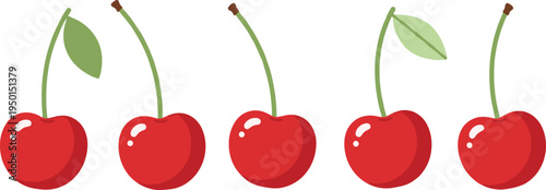 Red cherry fruit icons with stems and leaves. Fresh sweet cherries illustration set isolated. Organic summer berry graphics for dessert, grocery and healthy food design.
