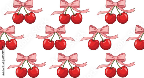 Cute cherry collection with pink ribbon bows. Sweet red cherries in coquette aesthetic style. Romantic fruit icons for stickers, fashion graphics and decorative design.