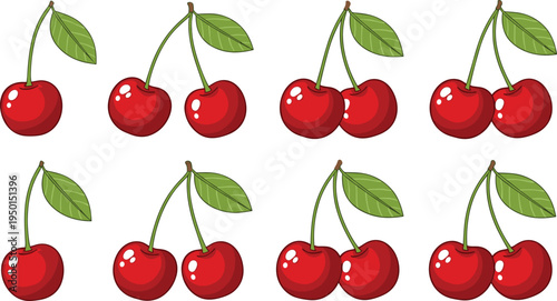 Fresh cherry fruit icon collection with green leaves. Sweet red cherries set isolated. Organic summer berry illustrations for dessert, grocery and healthy food design.