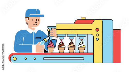 Ice Cream Production: An illustration of a worker carefully operating a modern machine, dispensing delicious ice cream into cones with precision.