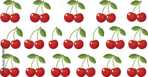 Cherry fruit icon collection with red sweet cherries and green leaves. Fresh organic cherry set. Summer fruit illustrations for dessert, grocery and food design.