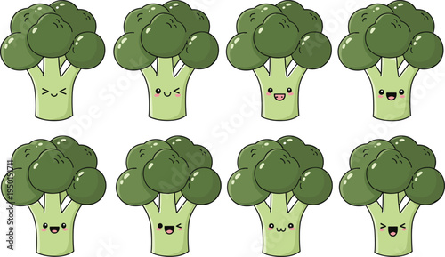 Cute broccoli cartoon characters with different facial expressions. Funny vegetable mascot set. Healthy food illustration for kids nutrition, stickers, icons and playful design.