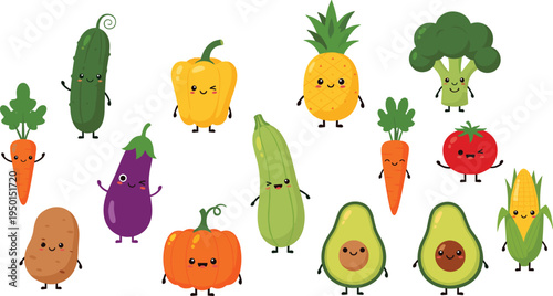 Cute vegetable cartoon characters set with carrot, tomato, avocado, broccoli, pineapple and corn. Funny healthy food mascots for kids nutrition, stickers and playful design.
