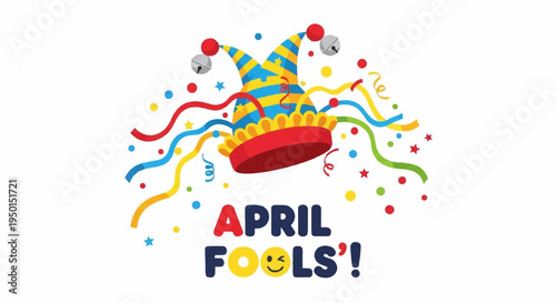 Colorful april fools' day celebration with party hat and confetti on white background