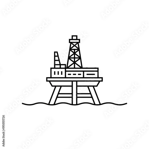 Detailed black line vector image of an offshore oil rig platform structure standing on water representing global energy production and industrial fuel extraction
