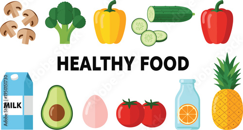 Healthy food concept with fruits, vegetables, milk and egg. Fresh nutrition ingredients illustration set for diet, wellness, organic eating and grocery design.