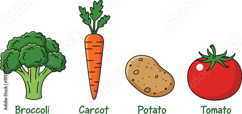 Vegetable icons with broccoli, carrot, potato and tomato. Fresh farm vegetables illustration set. Healthy food ingredients for cooking, nutrition and grocery design.