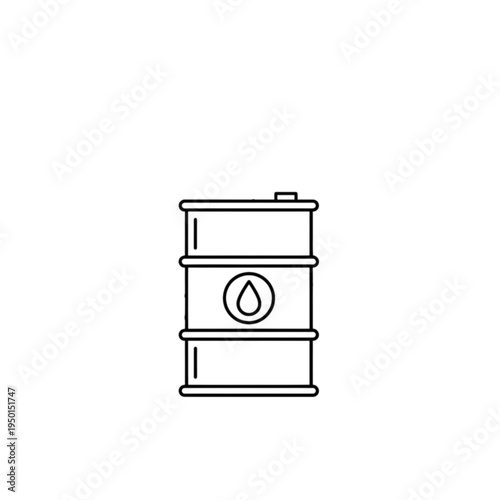 Industrial black line vector image of a metal oil drum barrel with a drop symbol illustrating petroleum storage and chemical fuel logistics