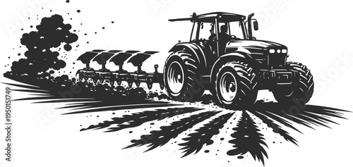 Farm Tractor Plowing Field Illustration, Agriculture Plow Machine Line Art Vector.