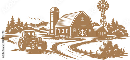 Vintage Farm Landscape Illustration, Barn Windmill Tractor Rural Countryside Vector.