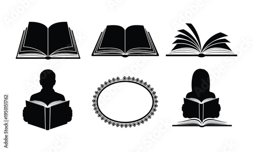 Collection of book silhouettes in various states of being opened