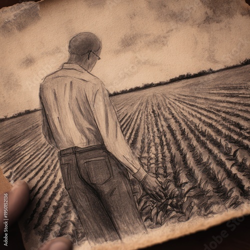 Sepia-toned sketch of a farmer inspecting his field from behind. Holds drawing