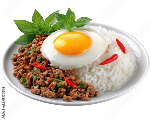 A vibrant plate of Thai basil minced pork (Pad Krapow Moo Sap) served with fluffy white rice and a perfectly fried sunny-side-up egg, garnished with fresh basil leaves and red chilies on a Transparent