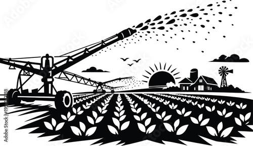 Automated Farm Irrigation Sprinkler System Watering Crop Field, Black and White Agricultural Vector Illustration.