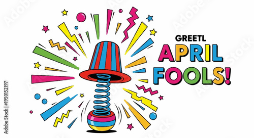 Colorful april fools' day greeting card with spring loaded joke toy and festive rays