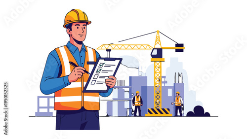 Construction Inspector Checking a Construction: An inspector, clad in safety gear, meticulously examines construction progress on a new building site, highlighting safety and precision