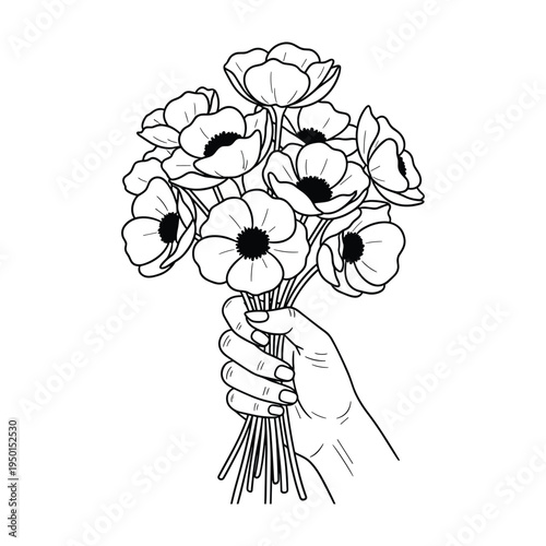 A hand holding a bouquet of poppies
