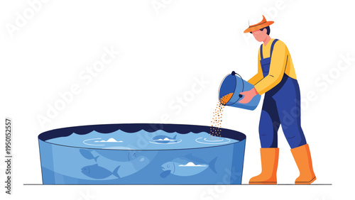Fish Farm Feeding: A farmer diligently feeds fish in a circular pool, ensuring their nourishment and healthy growth within the aquaculture setting.