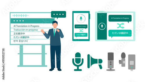 AI powered multilingual digital signage illustration set with simultaneous translation solution showing AI Translation in Progress in five languages, speaker businessman and translation app interface.
