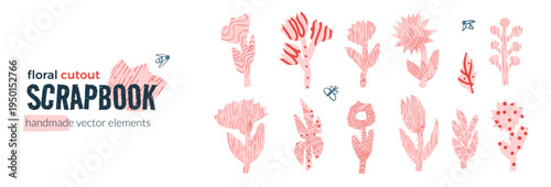 Poppy, chamomile flower paper girly cutouts symbols. Daisy, tulip doodle line textures pattern stickers. Scrapbook summer naive doodle torn element for fun scrawl design. Vector scribble collage no bg