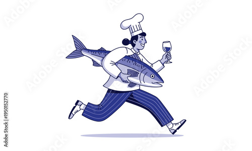 Chef running with large fish