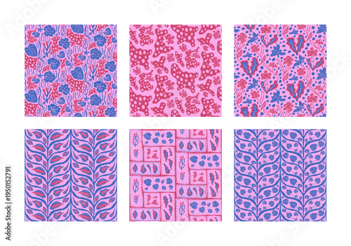 Bold pin and blue garden lush seamless pattern collection with botanical leaves. Plant foliage endless background vector set for textile and wallpaper. Seamless surface with summer leaves floral motif