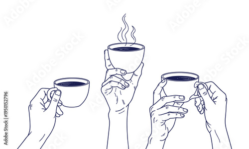Three hands holding cups of coffee