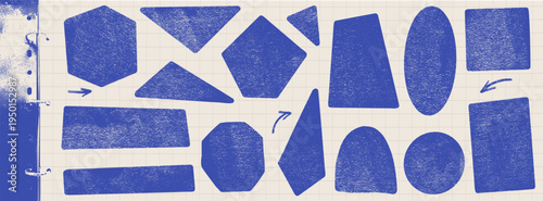 Geometric blue shapes on grid paper with ink and grunge texture. Geometry shape collection with frame including triangle, rectangle and oval. Hand drawn school vector elements for sticker and tag.