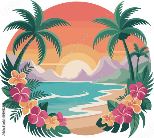 Tropical beach with palm trees on a sunny island by the sea vector illustration