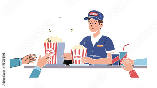 Movie Theater Concession: A friendly attendant at a movie theater concession stand serves fresh popcorn and refreshing drinks, creating a welcoming atmosphere for moviegoers.