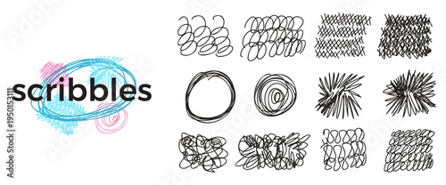 Ink black pen messy scribbles for text highlights. Hand-drawn circles, scratches, squiggle. Abstract geometric doodles, naive rounds set. Vector handmade irregular oval, crosshatching isolated.