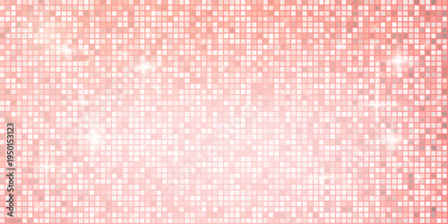 Rose gold disco ball mosaic background. Mirror glitter gradient sequin backdrop. Pink dance floor with sparkles and shine lights. Glam and abstract halftone shimmer wall. Vector illustration.