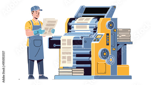 Industrial Precision: A skilled worker meticulously monitors the intricate operations of a high-tech printing press, a symphony of gears and rollers churning out pages with speed and accuracy.
