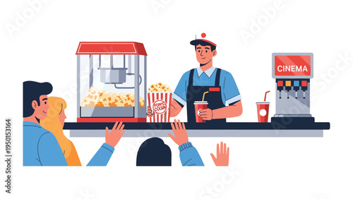 Cinema Snack Bar: A friendly attendant serves up fresh popcorn and beverages at a bustling cinema concession stand, creating a delightful experience for moviegoers.