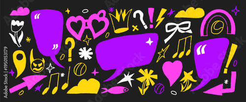 Marker speech bubbles and quote boxes made by hand for fun dialogues. Funky clouds, callouts, text frames with hearts and stars. Abstract doodles shape in yellow, pink, violet for creative projects.