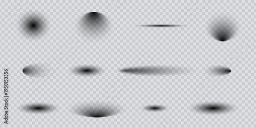 Set of realistic vector transparent shadow effects for graphic design on checkered background with various shapes and blur levels, perfect for adding depth and realism to objects and elements.