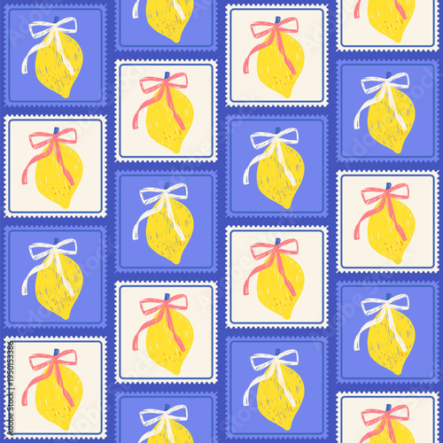 Lemon and bow motif in postage stamp pattern for Italian summer print. Mixed blue and cream stamp with lemon fruit and ribbon in seamless pattern. Coquette floral vector for textile aop repeat.