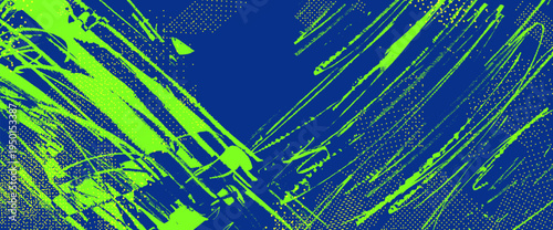 Dynamic sport background with abstract brush strokes and grunge texture. Energetic design featuring ink splatter effects and vibrant sporty elements for modern athletic posters. Vector blue green bg.