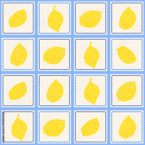 Trinket citrus seamless pattern in blue postage stamp grid on cream. Italian fruit tile in dense seamless trinket arrangement for summer print. Floral lemon vector for textile and mediterranean aop.