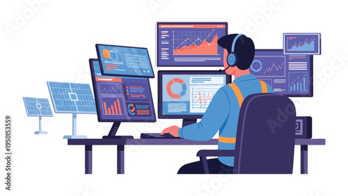 Technician Monitoring Solar Panels: A skilled technician diligently monitors data and energy production from solar panels on multiple computer screens.
