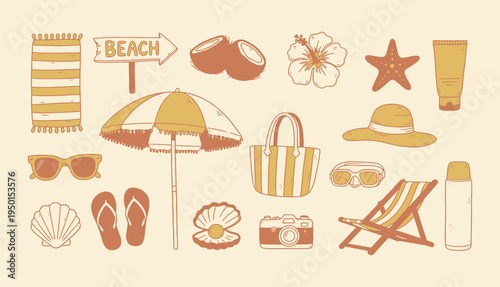 Hand drawn line art summer vacation icons set featuring beach essentials. Summer Vacation Beach Essentials and Tropical Holiday Accessories Collection