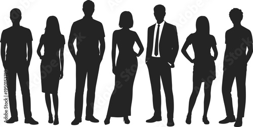 Silhouette people standing, diverse group illustration, human figures, casual and formal attire, diversity concept, anonymous crowd, vector art, design element